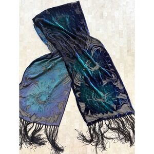 Chico's Flower Velvet Burnout Blue Green Fringe Rayon Silk Wrap Shawl Tassel